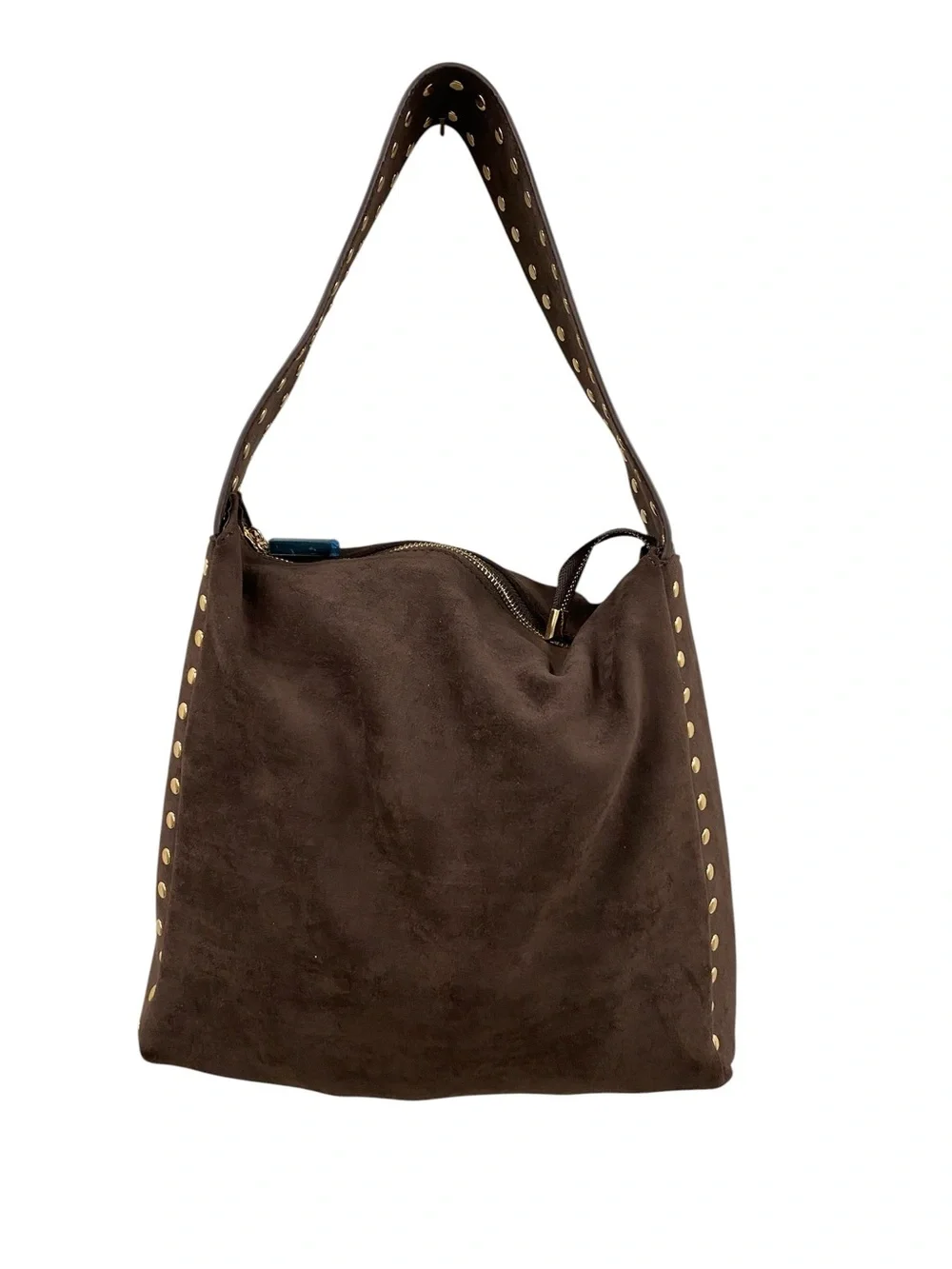 Dark Brown Suede Studded Hobo Shoulder Bag